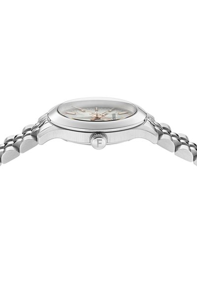 Silver stainless steel watch with a smooth round case, textured silver dial, rose gold hour markers, and a linked bracelet band.