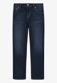 Jeans in denim blu scuro con design a gamba dritta, caratterizzati da cuciture arancioni, tasche frontali e chiusura con bottone, in un classico stile a cinque tasche.