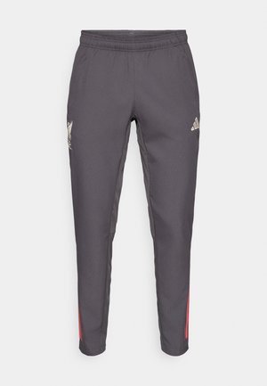 Gray athletic pants with a slim fit, elastic waistband, red side stripes, and embroidered team logo on the left leg.