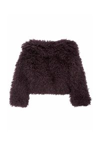 Futrzana, przykrócona kurtka w ciemnofioletowym kolorze. Wykonana z miękkiej, teksturowanej tkaniny, ma luźny krój i długie rękawy. Bez widocznej metaloplastyki ani wzorów.