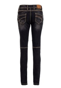 Schlanke schwarze Jeans mit verblasstem Design, kontrastierenden Nähten, fünf Taschen und einem strukturierten Bund mit einem geprägten Lederpatch.