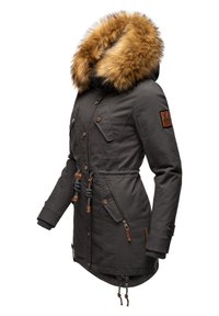 Dark gray parka with a faux fur-lined hood, front pockets, adjustable waist drawstring, and brown leather accents. Zipper and button closures.