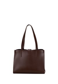 Borsa a spalla in pelle marrone con due manici robusti, forma strutturata e superficie liscia. Presenta una chiusura magnetica e un design minimalista.