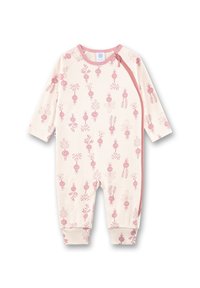 Langarm baby rompertje in crème met een roze bloemenprint, met een ritsluiting aan de zijkant en elastische enkels voor een goede pasvorm.