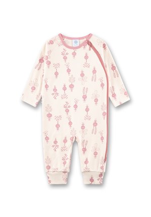 Langarm baby rompertje in crème met een roze bloemenprint, met een ritsluiting aan de zijkant en elastische enkels voor een goede pasvorm.