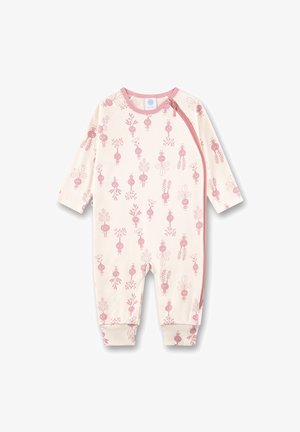 Langärmliger Baby-Overall in Creme mit rosa Blumenmuster, ausgestattet mit einem Seiteneingangsreißverschluss und elastischen Knöcheln für eine bequeme Passform.