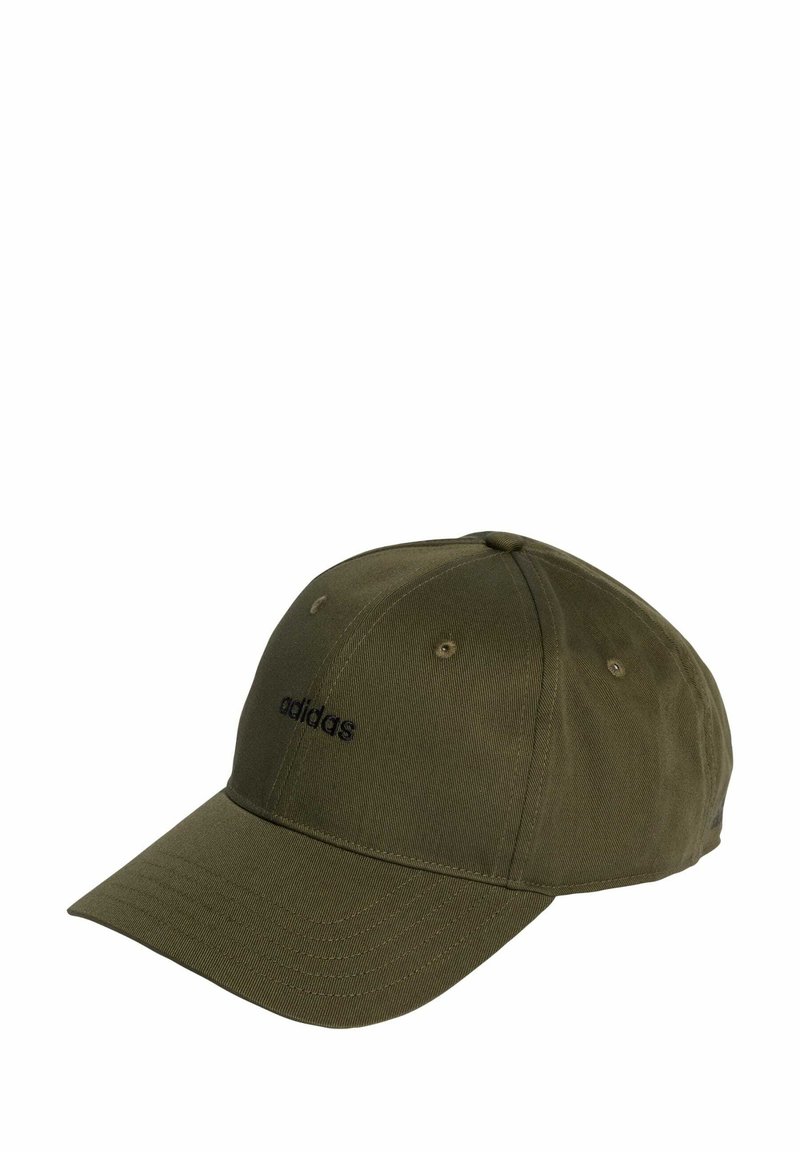 Olive green cotton baseball cap with a curved brim, featuring a black embroidered "adidas" logo on the front and metal ventilation eyelets.