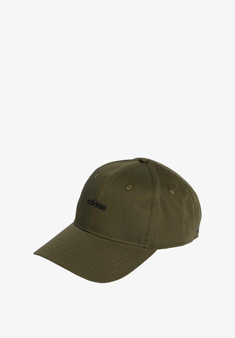 Olive green cotton baseball cap with a curved brim, featuring a black embroidered "adidas" logo on the front and metal ventilation eyelets.