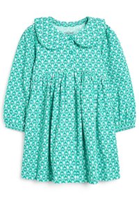 Tyrkysové šaty s dlouhými rukávy a velkým límcem. Obsahují květinový vzor a stažené elastické manžety. Zapínání na knoflíky v přední části.