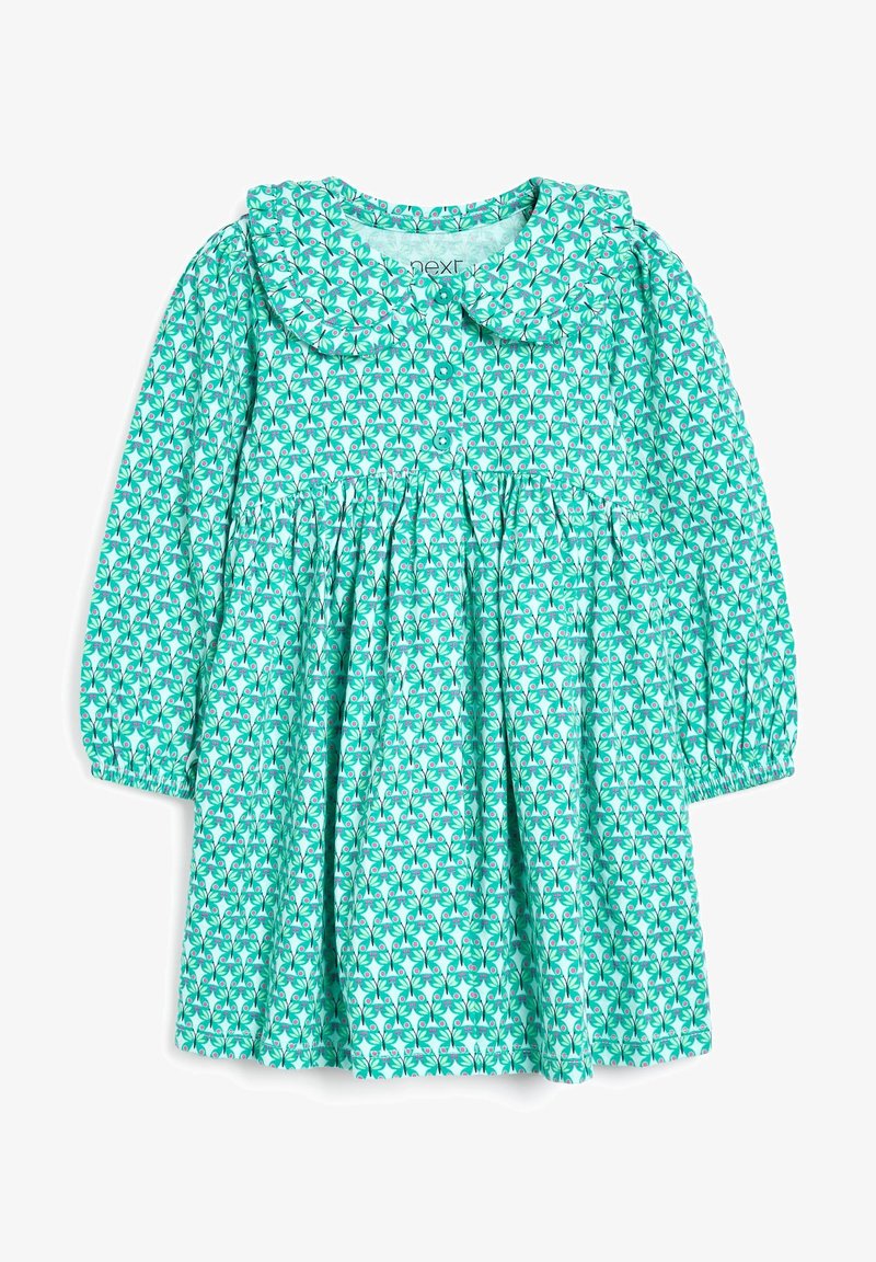Tyrkysové šaty s dlouhými rukávy a velkým límcem. Obsahují květinový vzor a stažené elastické manžety. Zapínání na knoflíky v přední části.