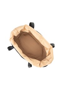 Black fabric tote bag with tan interior, featuring a drawstring closure. Smooth texture, contrasting colors, and dual black handles.