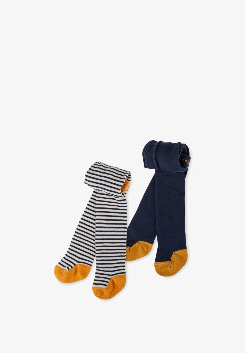 Due paia di collant per bambini, uno blu navy con punte e talloni color senape, l'altro bianco con righe blu navy e punte e talloni color senape, disposti piatti.