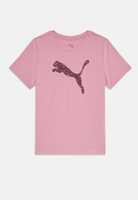 Pink short-sleeve t-shirt made of smooth fabric featuring a black leaping puma logo graphic on the chest.