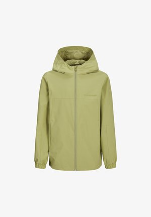 Hele roheline jakk luku ees, reguleeritava kapuutsiga, elastsete mansettide ja sileda tekstuuriga. Omab minimaalset õmbluste arvu ja diskreetset logo.