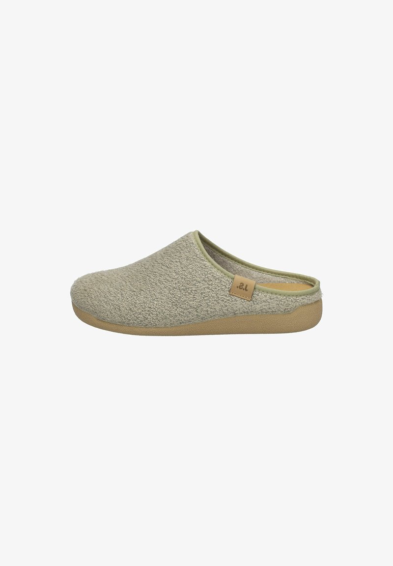 Pantofole verdi chiare senza lacci con tomaia strutturata, suola beige e una piccola targhetta con logo marrone chiaro sul lato. Materiale morbido per il massimo comfort.