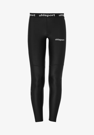 Zwarte sportleggings van rekbaar materiaal, met een brede tailleband met het "uhlsport" logo en een slank ontwerp met een gladde textuur.