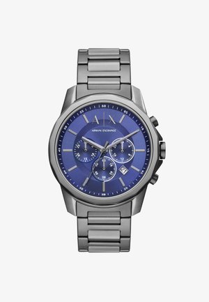 Kronograf sat od nehrđajućeg čelika s plavim brojčanikom s teksturiranim akcentima, satni pokazivači u srebrnoj boji i prikaz datuma na 6 sati.