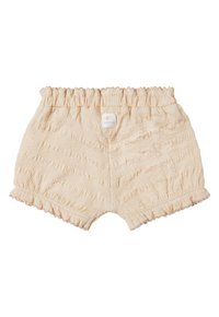 Beige katoenen shorts met een getextureerde, gerimpelde tailleband en zoom. Bevat een klein label in het midden van de tailleband.
