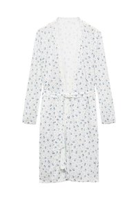 Robe de style kimono floral en tissu blanc, ornée de petites fleurs bleues, avec des manches longues et une ceinture à nouer à la taille pour la fermeture.