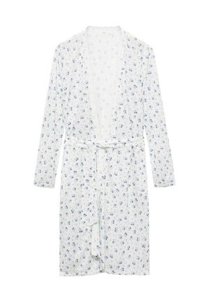 Floral kimono-style robe in white fabric, featuring small blue flowers, long sleeves, and a tie belt at the waist for closure.