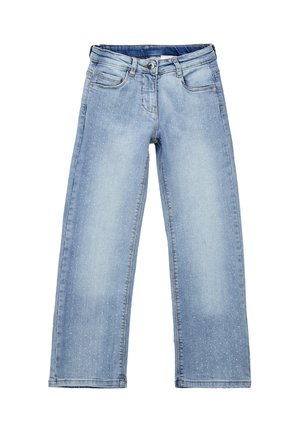 Jasnoniebieskie dziecięce jeansy z prostymi nogawkami, przednimi kieszeniami, szlufkami na pasek i subtelnym kropkowanym wzorem na całej tkaninie.