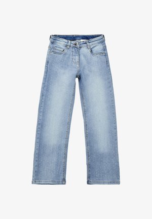 Hellblaue Kinderjeans mit geraden Beinen, Vordertaschen, Gürtelschlaufen und einem dezenten gepunkteten Muster im gesamten Stoff.