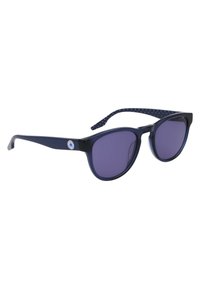 Occhiali da sole in plastica navy con lenti viola, forma arrotondata e stanghette decorate con piccoli stelle bianche. Logo ai lati.