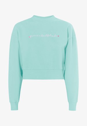 Heleda teal värvi lühike sveter ümmarguse kaelusega, millel on roosad tikitud sõnad "anna mulle ilus naeratus". Pikad varrukad on kaasas.