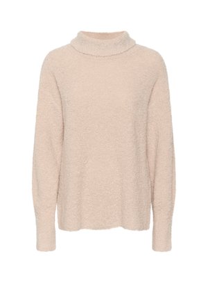 Ljusrosa, texturerad tröja med hög krage, långa ärmar och en avslappnad passform. Tillverkad av mjukt, fluffigt material för extra värme.