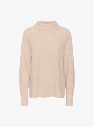 Hele roosa, tekstuurne sviiter kõrge kaelusega, pikad varrukad ja mugav lõige. Valmistatud pehmest, karvast materjalist, mis tagab lisasoojust.