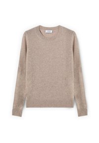 Maglione in cashmere beige con collo a giro, maniche lunghe e polsini e orlo a coste. Texture liscia, design minimalista e senza motivi visibili.