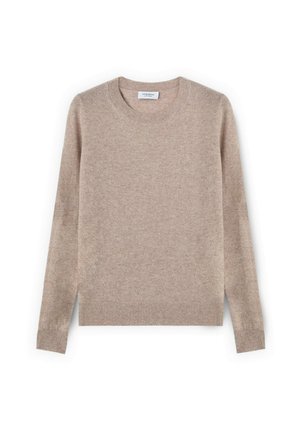 Maglione in cashmere beige con collo a giro, maniche lunghe e polsini e orlo a coste. Texture liscia, design minimalista e senza motivi visibili.