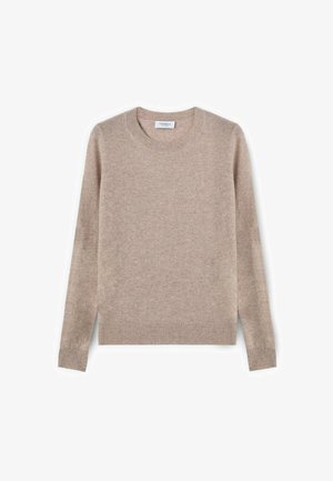 Beige cashmere sweater with a crew neck, long sleeves, and ribbed cuffs and hem. Smooth texture, minimalistic design, and no visible patterns.
