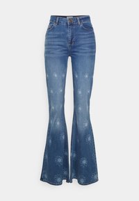 Hoge taille blauwe denim jeans met flared pijpen, voorzien van een subtiel madeliefjespatroon door het geheel.