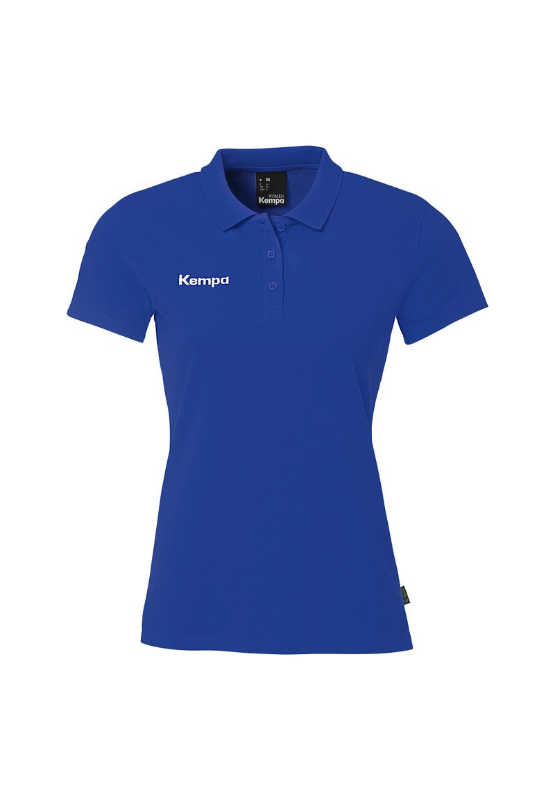 Blauwe dames polo met korte mouwen, drie knopen en een wit "Kempa" logo op de linkerborst.