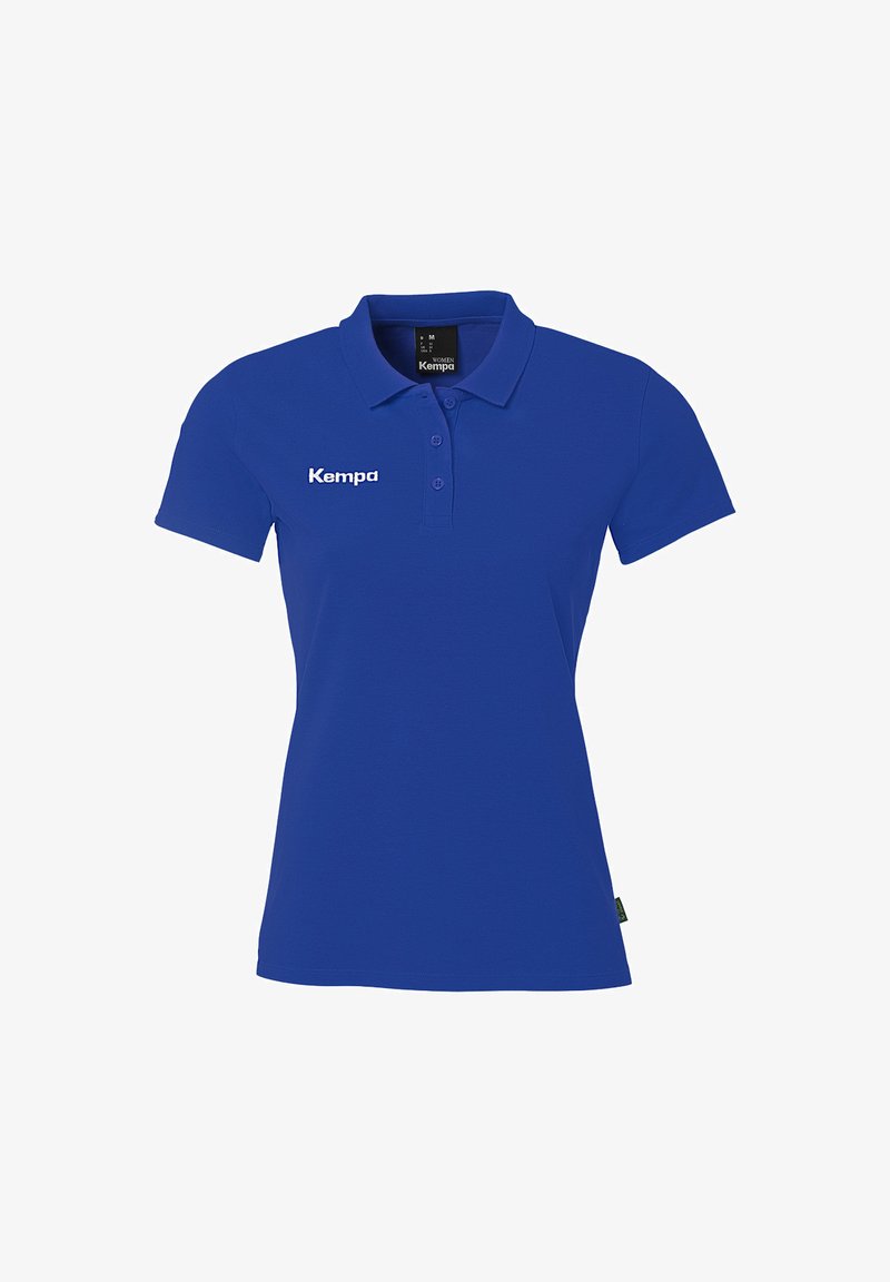 Blå kvinders polo t-shirt med korte ærmer, tre knapper og hvid "Kempa" logo på venstre bryst.