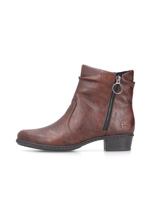 Brown leather ankle boot with side zipper and low block heel, featuring a round zipper pull and embossed logo near the heel.