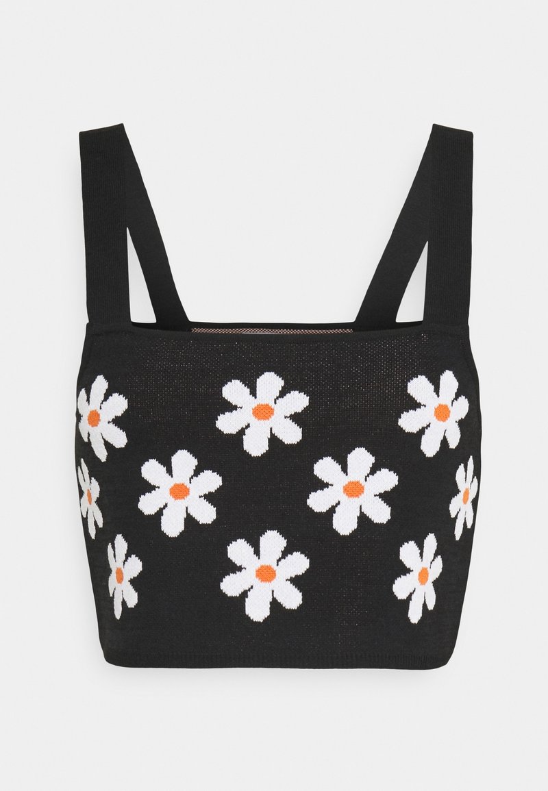Débardeur noir court à larges bretelles, orné de marguerites blanches aux cœurs oranges. Texture tricotée douce avec une coupe ajustée.