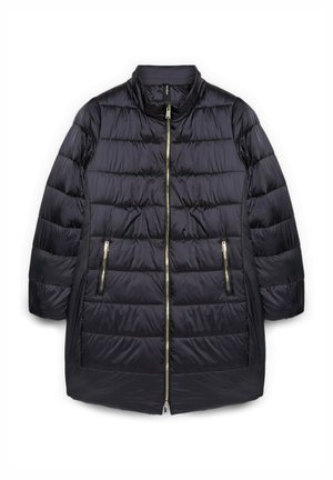 Chaqueta acolchada negra con cuello alto, con cierre frontal de cremallera y dos bolsillos laterales. Hecha de tela lisa y brillante con textura acolchada.