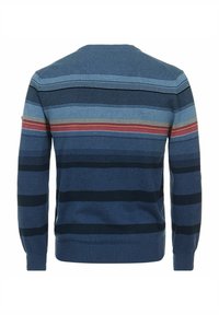 Blaues langärmeliges Sweatshirt mit horizontalen Streifen in verschiedenen Blautönen, Marineblau und Rot. Gerippte Bündchen und Saum, Rundhalsausschnitt.