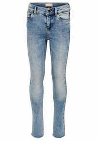Ljust blå skinny jeans i denim. Funktioner inkluderar knappstängning, bältesöglor och femficksdesign med lätt slitningar vid fållen.