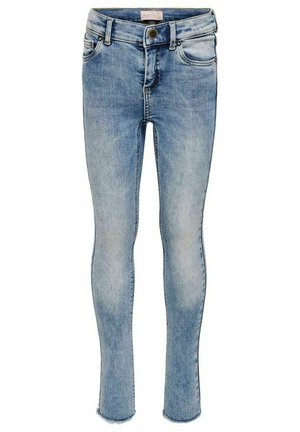 Heledad sinised skinny teksad, mis on valmistatud denimist. Omab nööpkinnitust, vöökohavööd ja viit taskut, kergelt kulunud servadega.