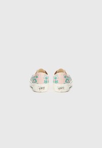 Sneakers with a pastel pink and blue leopard print design. Features a low profile, rubber sole, and fabric upper with contrasting accents.