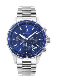 Montre en acier inoxydable avec un cadran analogique bleu, trois sous-cadrans, un affichage de la date et des accents argentés. Présente un bracelet en métal poli.