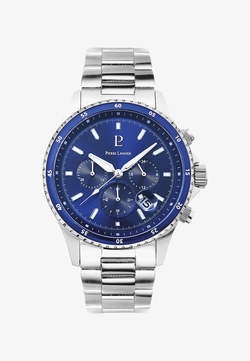 Montre en acier inoxydable avec un cadran analogique bleu, trois sous-cadrans, un affichage de la date et des accents argentés. Présente un bracelet en métal poli.