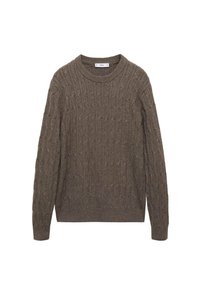 Cable-knit sweater in a muted olive green, made from soft material with a round neckline and ribbed cuffs and hem.