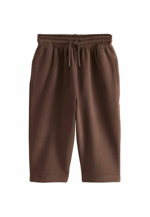 Brown knee-length shorts with elastic waistband and drawstring, featuring side pockets and a straight fit.