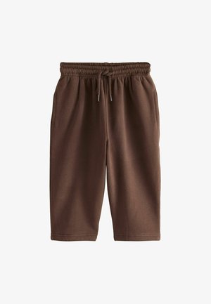 Bruine knielange shorts met elastische tailleband en trekkoord, voorzien van zijzakken en een rechte pasvorm.