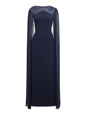 Námornícky modré večerné šaty s priliehavým živôtikom, priesvitnými dlhými rukávmi a hladkou textúrou. Má výstrih do oblúka a elegantnú siluetu.
