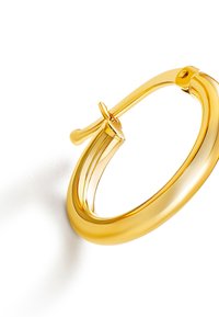Goldener Creolen-Ohrring mit polierter Oberfläche, ausgestattet mit einem sicheren Scharnierverschluss und einer glatten, länglichen ovalen Form.